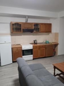 cocina con sofá y horno de fogón blanco en Apartman Luna, en Makarska