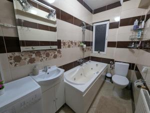 a bathroom with a sink and a toilet and a tub at Apartament kilometrul 0 Bacau in Bacău +2 photos