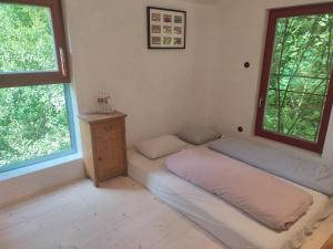 a room with a bed and a table and two windows at Romantický domek Slapy in Brunšov