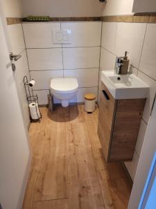 a small bathroom with a toilet and a sink at Ferienhaus Klara in Schweich +27 photos