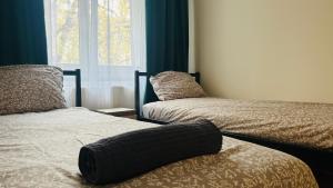 Un dormitorio con dos camas y una ventana. en Apartament Słoneczny 3, en Opole