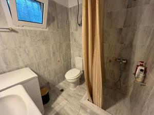 a bathroom with a shower with a toilet and a sink at Eva's house in Rafina +11 photos