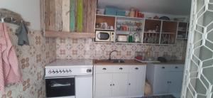 a small kitchen with a stove and a microwave at Traditionelles Dorfhaus Malona in Malona Village