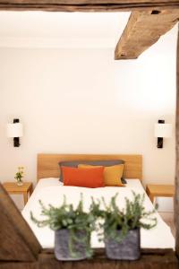 1 dormitorio con 1 cama con almohadas de color naranja y amarillo en Kötterhof Hotel, en Herdecke