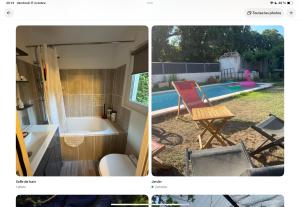 a kitchen and a bathroom with a tub and a table at Studio au calme avec jardin in Gardanne