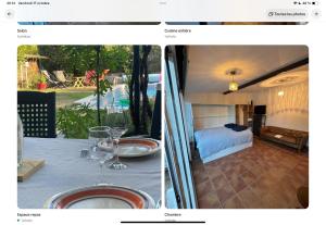 a room with a bed and a table with wine glasses at Studio au calme avec jardin in Gardanne
