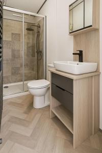 Un baño con lavabo, inodoro y ducha. en Luxury Lodge,  14 fotos más