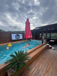 ゴヴェルナドール・セウソ・ラーモスにあるPousada Recanto do Canário 3の傘付きのプールと水泳をする人