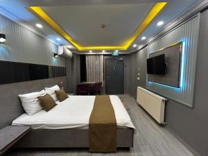 イスタンブールにあるSahrakent Otel Ataşehirの大きなベッドと薄型テレビのある寝室