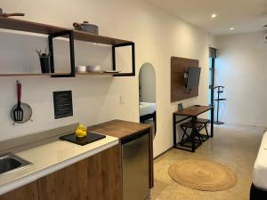 a kitchen with a sink and a counter top at Coco Live Suites in Playa del Carmen