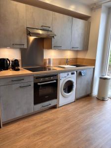 a kitchen with a washing machine and a dishwasher at Le Nébula - rénové - parking - proche centre ville in La Roche-sur-Foron
