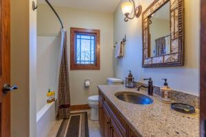 a bathroom with a sink and a toilet and a mirror at Elk Island at River Run in Banner Elk +54 photos