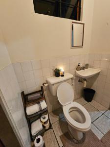 a bathroom with a toilet and a sink at The Carnival Residence at Queens Park Savannah in Valencia Village