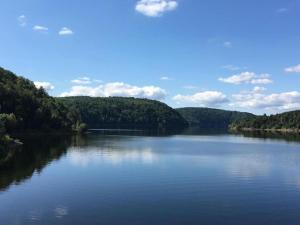 a view of a lake with trees and a bridge at Ferienhaus in Blankenburg in Blankenburg