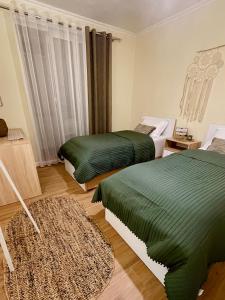 ein Zimmer mit zwei Betten und einem Teppich in der Unterkunft al centro apartment in Shkodra