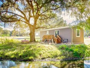 a small house with a picnic table and a tree at Luxury Cabin#13 in Ocala