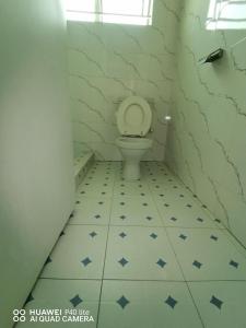 a bathroom with a toilet with blue diamonds on the floor at Wamz Apartments And Tours A in Livingstone +6 photos