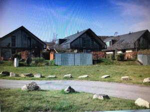a group of houses with sheep in front of a road at Tropic Love I - Seezugang - Seesicht I BeachParadise I Massage - Trampolin - Light Show - Parken - Cinema Feeling - BBQ in Gaienhofen