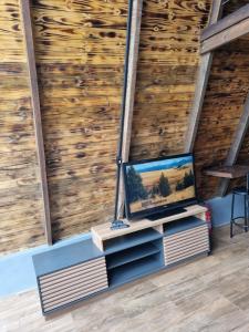 a room with a tv and a wooden wall at Cabana da Praia in Rio Grande