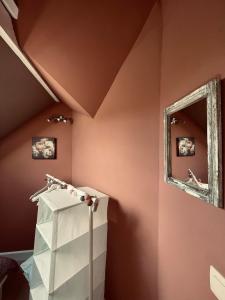 a room with pink walls and a mirror at L'Abri de la Chouette - Gîte au Pays des Collines - GR129 in Frasnes-lez-Anvaing