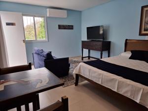 a bedroom with a bed and a table and a television at Quinta da Praia in Serra