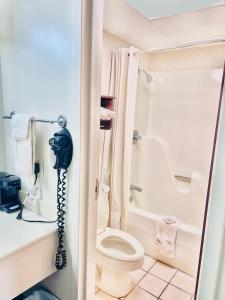 baño con ducha, aseo y teléfono en Ashley inn, en Crossett
