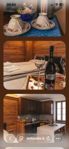 a collage of two pictures of a kitchen with a bottle of wine at Chebelcampà in Serina