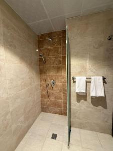 a bathroom with a shower with a glass door at الخلفاء الماسى in Makkah