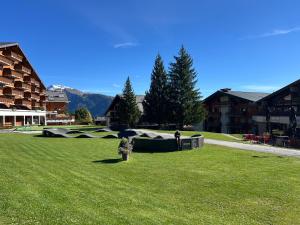 a person standing in a field of green grass at Cozy apartment with stunning view in Anzère +7 photos