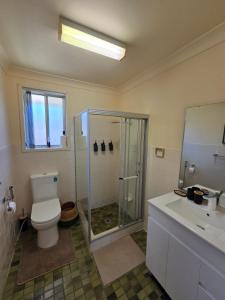 a bathroom with a toilet and a shower and a sink at Tuncurry 2BR Walk to Lake in Tuncurry