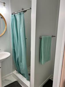 a bathroom with a shower with a blue shower curtain at Midtermlongterm Buckroe Beach Bungalow Ev Chrg in Hampton
