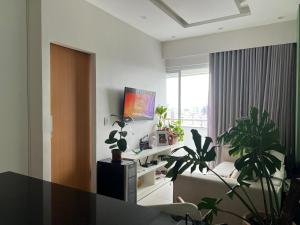 a living room with potted plants and a television at Complet apartment with air conditioning in Belém