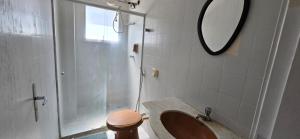 un bagno con doccia, WC e specchio di Dois quartos espaçoso a Vitória
