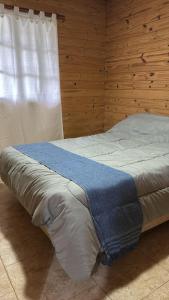 a bedroom with a bed with a blue blanket on it at Hospedaje La Cabaña in San Miguel del Monte