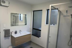 une salle de bain avec un lavabo, une douche et un miroir dans l'établissement House close to Oneroa Village, beach, and wineries, à Waiheke Island