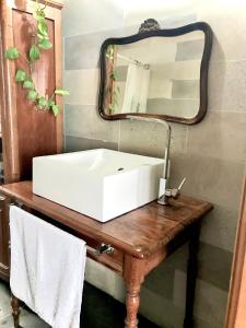 a white sink on a wooden table with a mirror at Agave Serrano in Villa Rumipal