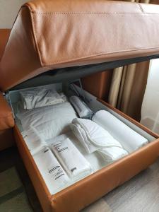 OberriedにあるApartment by Lake Brienz with lake viewの白いシーツと枕が詰まったスーツケース