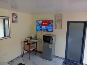 a room with a small refrigerator and a tv on the wall at Che-Joy Budget Lodge in Kitwe +11 photos