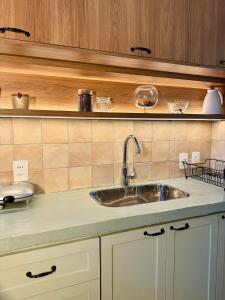 a kitchen counter with a sink and wooden cabinets at Casa com Jacuzzi e Área Gourmet em Mury in Muri