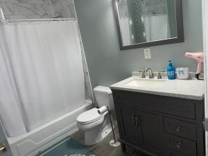 a bathroom with a toilet and a sink and a shower at Weehawken Apartment NYC Skyline in Weehawken +27 photos