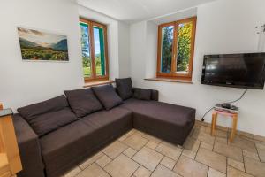 a living room with a couch and a flat screen tv at Gîte Salgesh - 16 pers & 16 lits - Terrasse - Nature in Salgesch