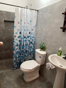 une salle de bain avec toilettes et rideau de douche dans l'établissement Casa Loma, à Zapatoca