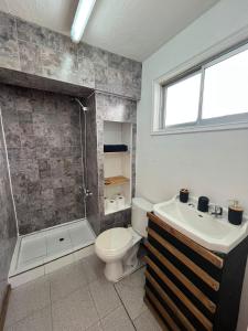 a bathroom with a toilet and a shower and a sink at Habitación independiente con baño privado in Cochrane