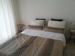 a bed with pillows on it in a room at Lovely home above the Kinneret in Karkom