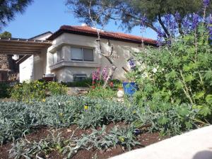 a garden in front of a house with flowers at Lovely home above the Kinneret in Karkom