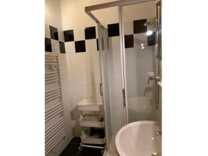 ein Badezimmer mit Dusche, Waschbecken und Toilette in der Unterkunft Spacious apartment with balcony in the French Alps in La Chapelle-dʼAbondance + 18 Fotos