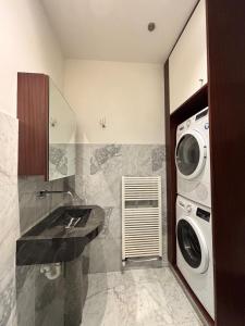 een badkamer met een wasmachine en een wastafel bij Spacious and comfortable apartment in Knokke-Heist