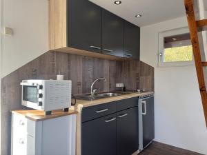a kitchen with a sink and a microwave at Bootshaus direkt am See in Sternberg +22 photos