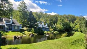 a group of houses on a hill next to a river at Woods Village 43 in Killington
