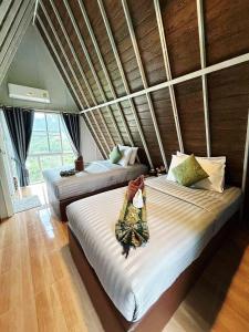 two beds in a room with a large window at Khao Sok 99 Camp and Cafe in Khao Sok +46 photos